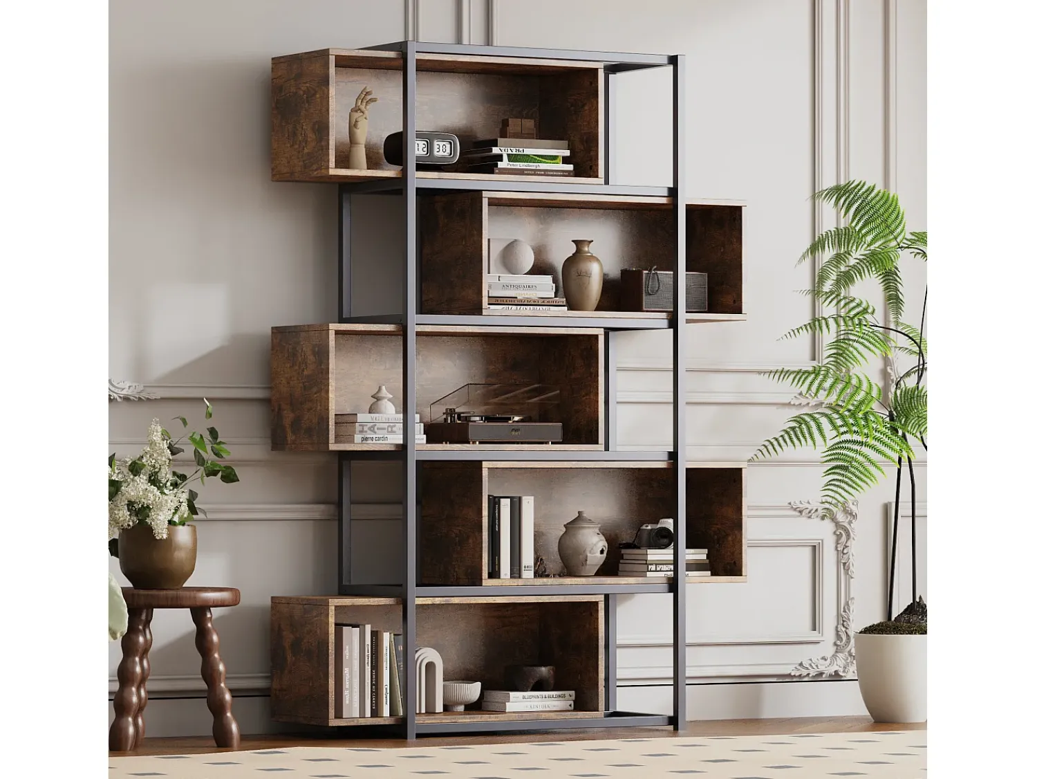 Biblioteca*Merax Estante de 5 andares com prateleiras - 121 x 35 x 176 cm - Madeira MDF e tubo de aço - Marrom Natural claro