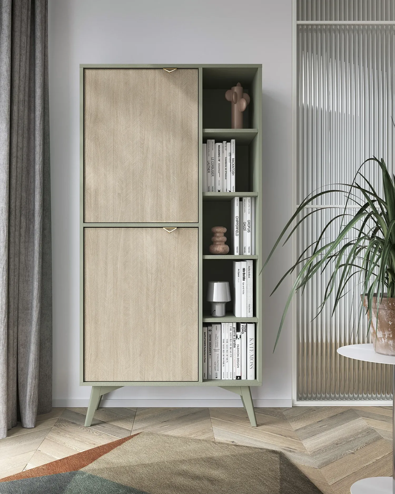 Biblioteca| Estante: Eucalipto / Espinha de peixe scandi , pés madeira, 80 x 160 x 38cm Verde