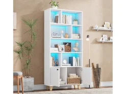 Sale Merax Estante moderna - 80 x 30 x 173 cm - com vários espaços de armazenamento + 2 portas + LEDs - Madeira maciça + MDF - Branco