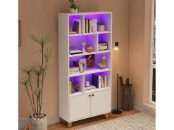 Sale Merax Estante moderna - 80 x 30 x 173 cm - com vários espaços de armazenamento + 2 portas + LEDs - Madeira maciça + MDF - Branco