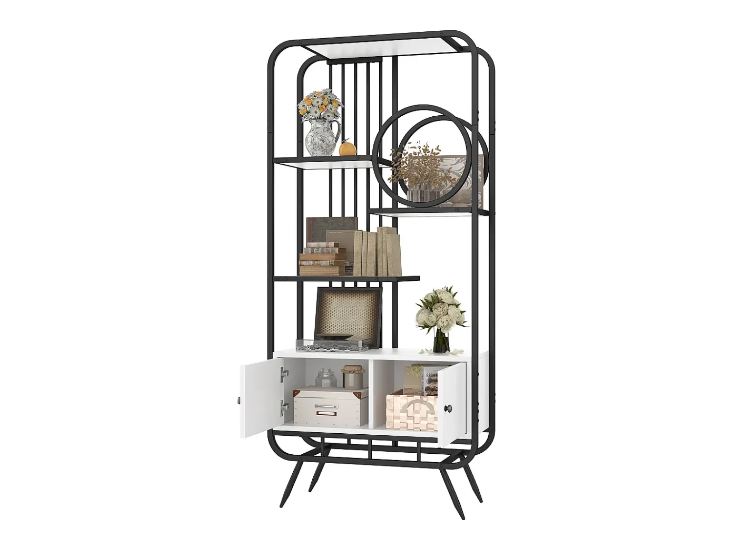 ModernLuxe Estante moderna em metal 80×30×180 cm - móvel com 2 portas - 3 prateleiras - decoração circular - branco +^ Biblioteca