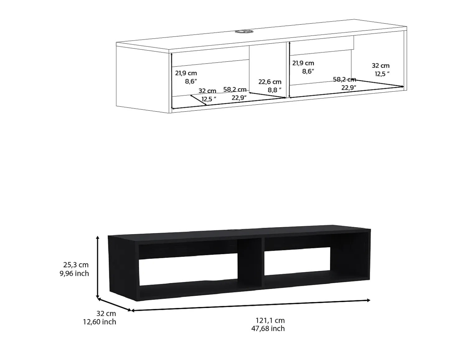 Móvel De Tv|TuHome Estante multimédia em melamina Rockwood com duas prateleiras, 25.3 cm X 121.1 cm X 32 cm , Preto