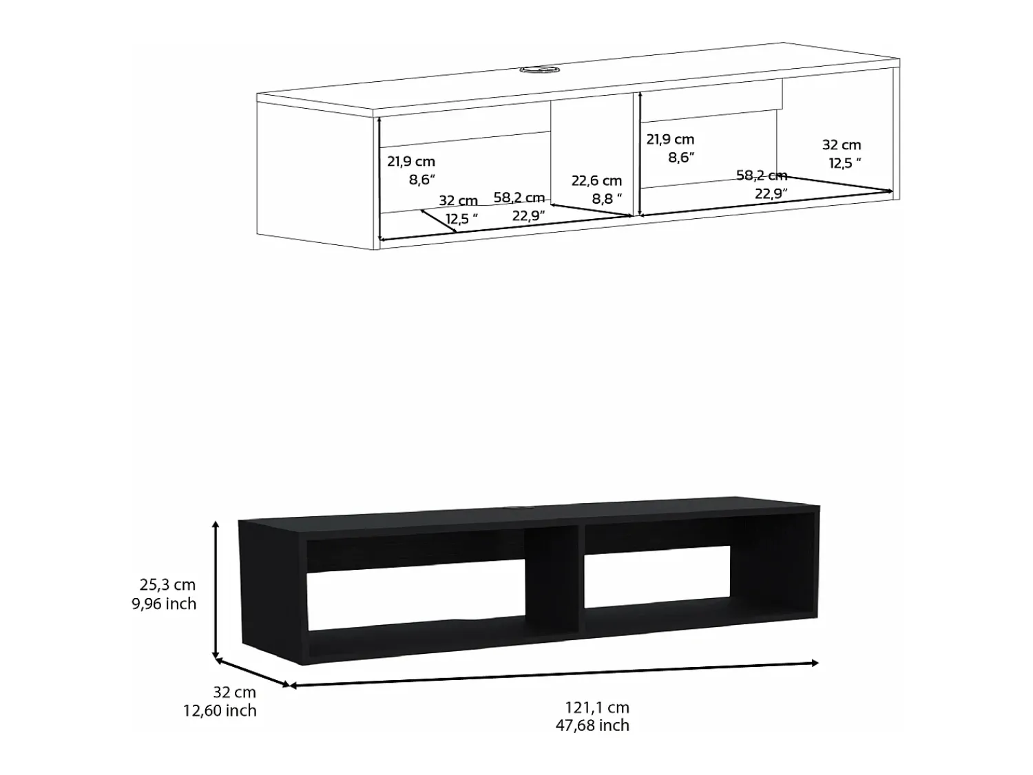 Móvel De Tv|TuHome Estante multimédia em melamina Rockwood com duas prateleiras, 25.3 cm X 121.1 cm X 32 cm , Preto
