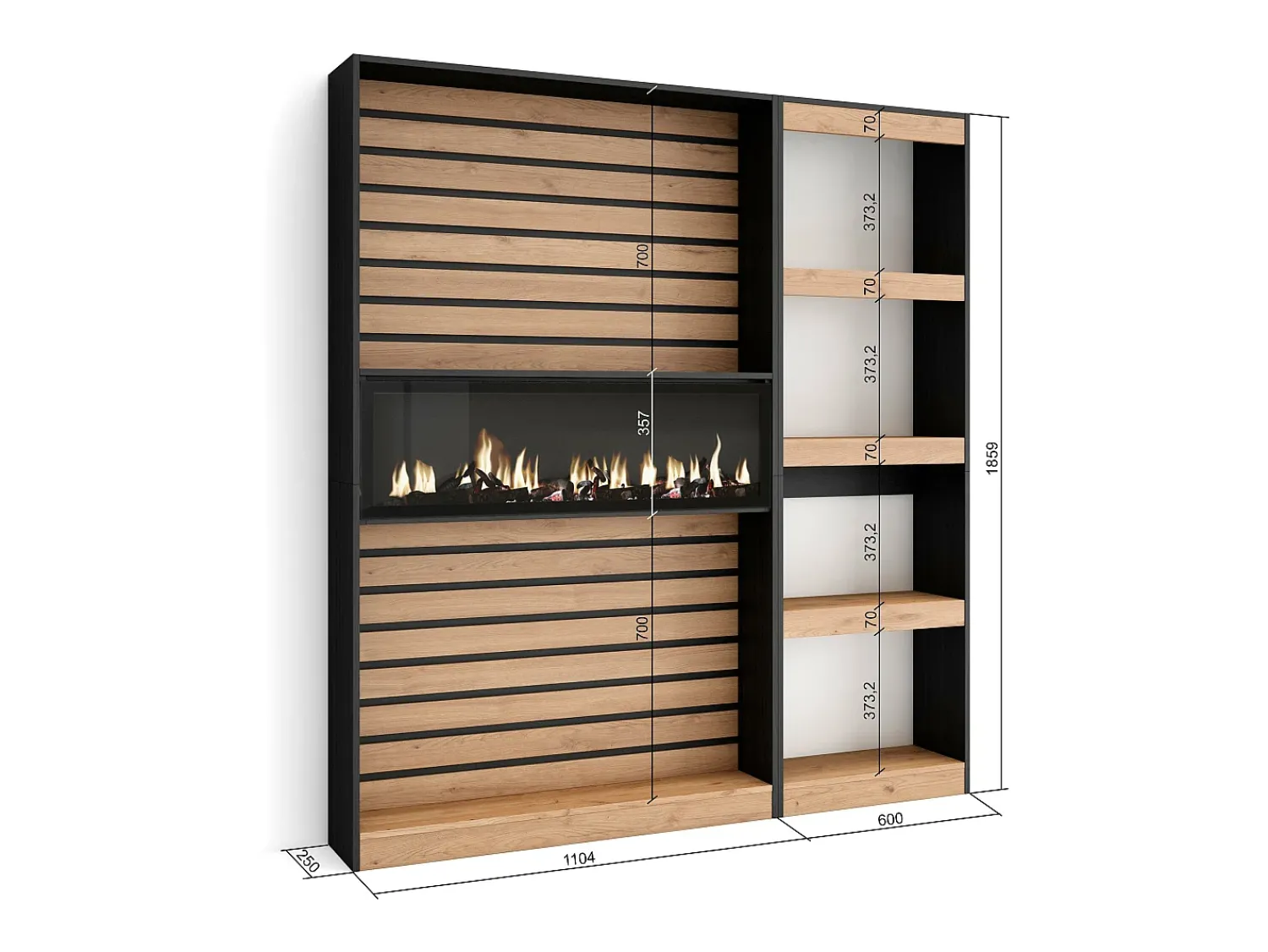 Skraut Home Estantes de prateleiras, 170x25x186cm, Sala de estar - Escritório, Lareira eléctrica, Carvahlo e preto^ Biblioteca