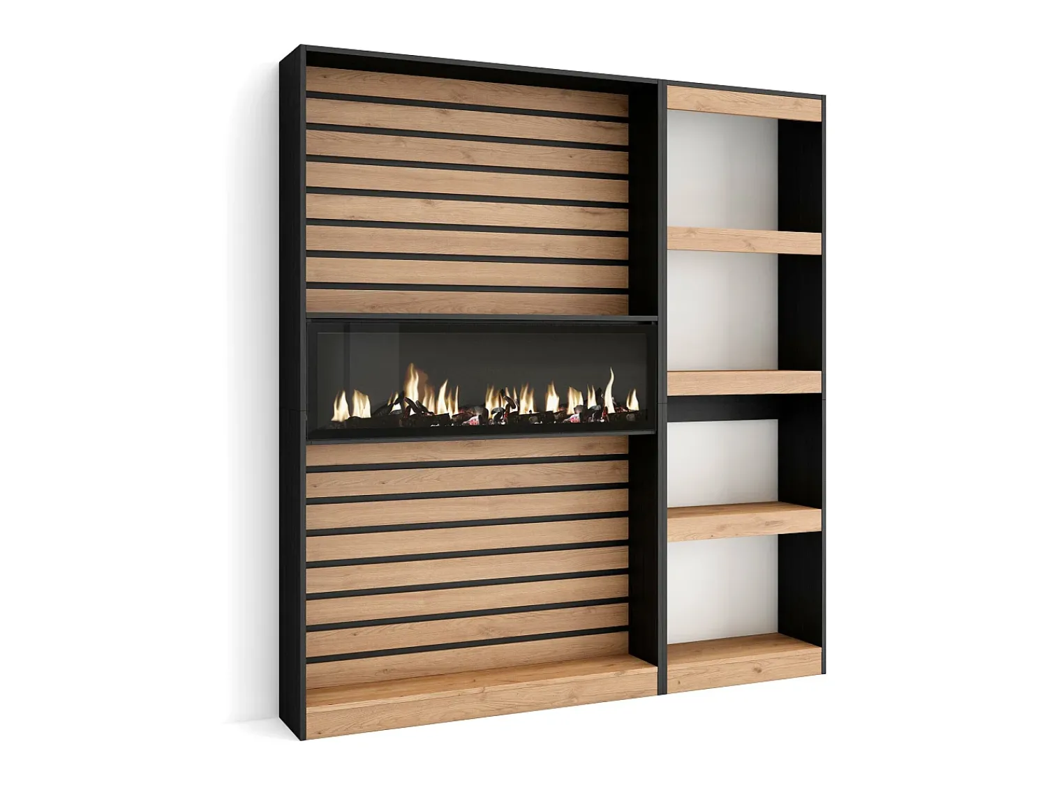 Skraut Home Estantes de prateleiras, 170x25x186cm, Sala de estar - Escritório, Lareira eléctrica, Carvahlo e preto^ Biblioteca