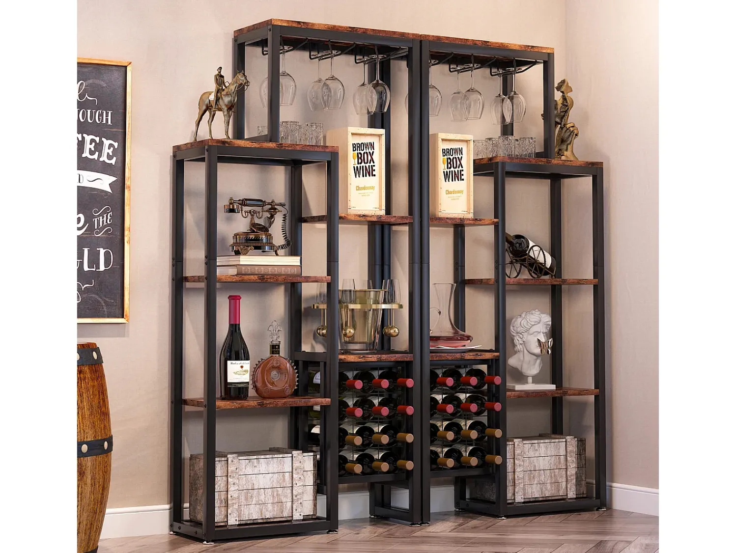 Acessórios De Arrumação|Acessório Vinho E Bar|Tribesigns Etagère de vin autônoma com 5 andares, com suporte em vidro e espaço para guardar vinhos, estante industrial para bar, cozinha, sala de jantar Castanho
