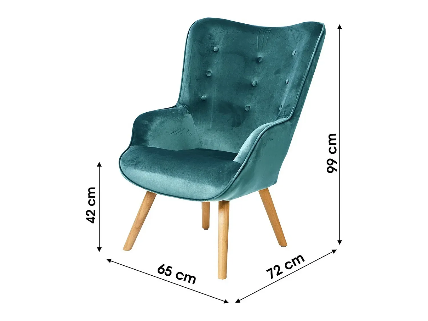 Meublorama Fauteuil de salon en velours bleu canard avec pieds en bois collection ENJOY. Style scandinave^ Poltrona