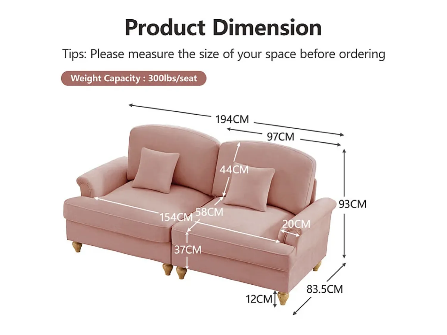 Sofá|DripeX Grande Sofá 2 Lugares em Chenille - Capa Removível e 2 Almofadas - 194x83.5x93cm - Rosa