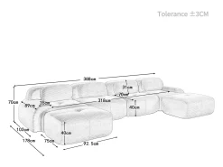 Sofá*DripeX Grande sofá angular modular 388cm - de Veludo cotelê - com 4 almofadas e 2 puffs - ergonómico - Verde