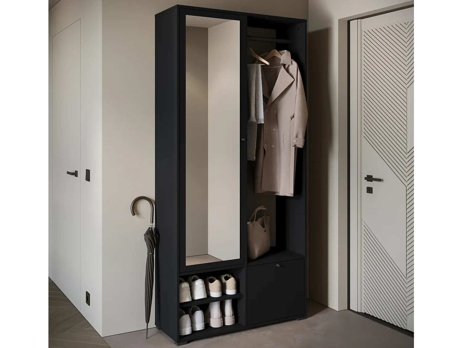 Móvel De Entrada| Guarda roupa moderna 90 cm roupeiro de entrada com espelho prateleiras e varão mate grafite Preto