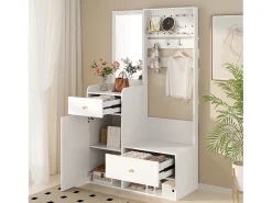 Outlet Merax Guarda-roupa com espelho - 105 x 38 x 180 cm - com ganchos + 2 gavetas + 1 porta - aglomerado - Branco