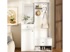 Merax Guarda-roupa moderno - 105 x 38 x 180 cm - com espelho + ganchos ajustáveis + 1 porta + 2 gavetas + banco - aglomerado -^ Móvel De Entrada