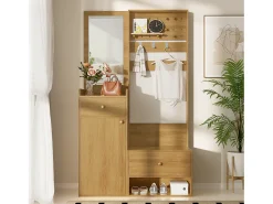 Móvel De Entrada|Merax Guarda-roupa moderno - 105 x 38 x 180 cm - com espelho + ganchos ajustáveis + 1 porta + 2 gavetas + banco - aglomerado - cor natural Natural claro