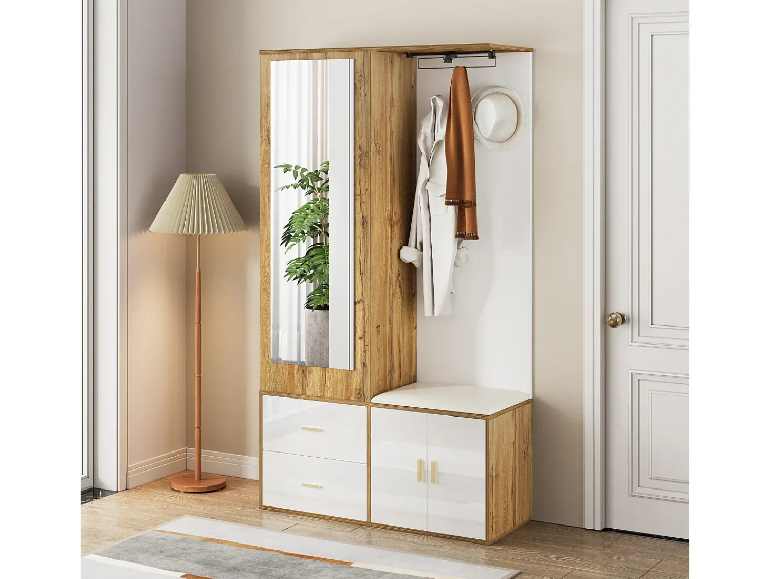 Outlet ModernLuxe Guarda-roupa 100x38x108.1 cm - Com espelho - Com sapateiro - Com ganchos e cabides retráteis - Branco + Natural Natural claro / Branco