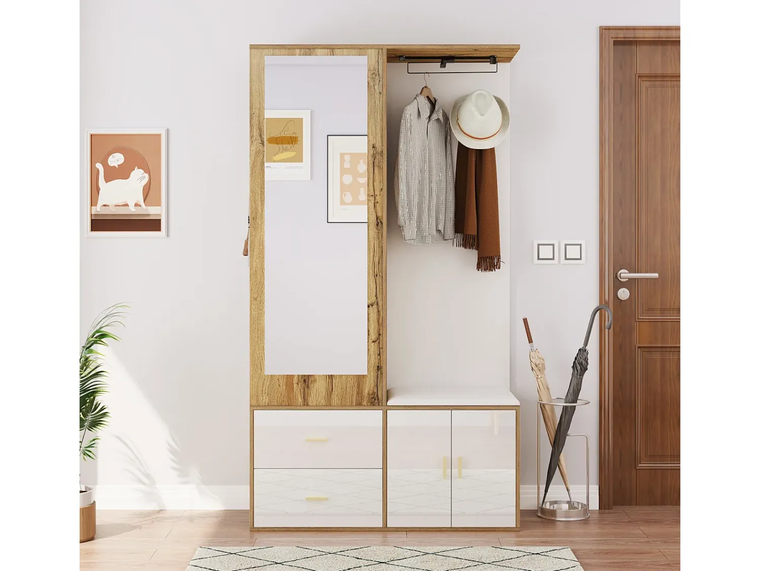 Outlet ModernLuxe Guarda-roupa 100x38x108.1 cm - Com espelho - Com sapateiro - Com ganchos e cabides retráteis - Branco + Natural Natural claro / Branco