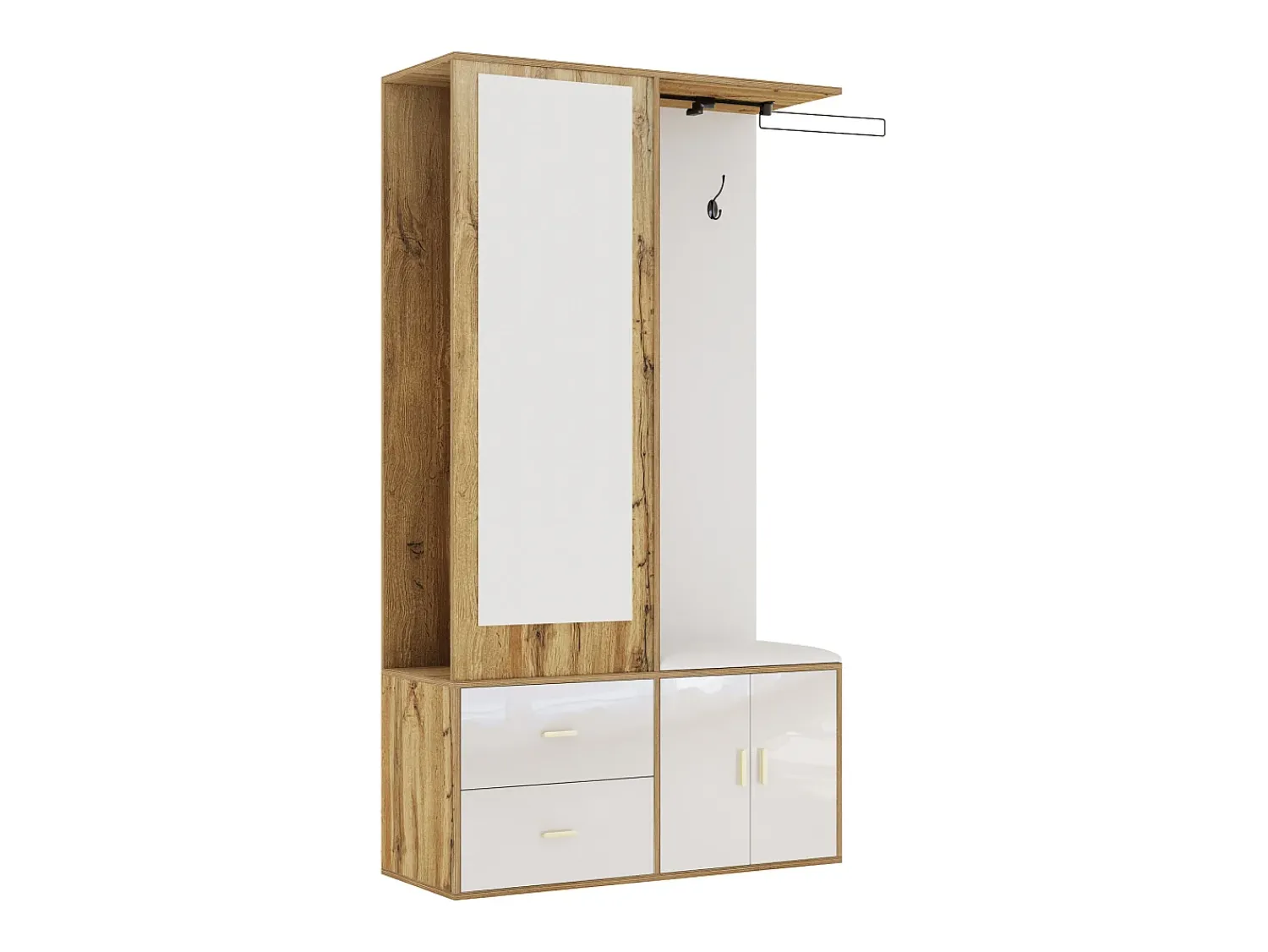 Outlet ModernLuxe Guarda-roupa 100x38x108.1 cm - Com espelho - Com sapateiro - Com ganchos e cabides retráteis - Branco + Natural Natural claro / Branco