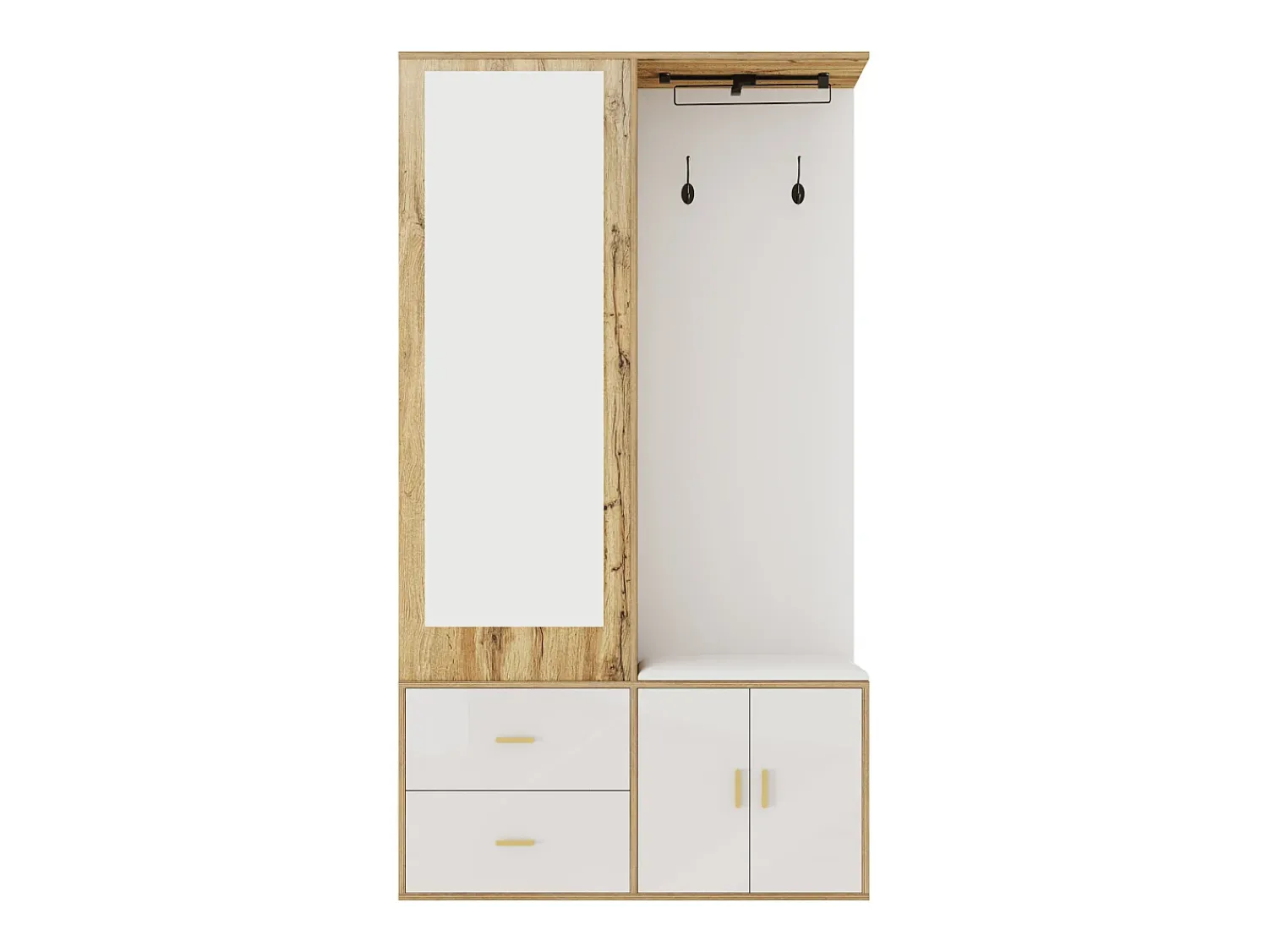 Outlet ModernLuxe Guarda-roupa 100x38x108.1 cm - Com espelho - Com sapateiro - Com ganchos e cabides retráteis - Branco + Natural Natural claro / Branco