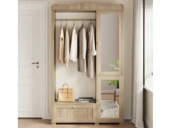 Móvel De Entrada|Merax Guarda-roupa/closet moderno e compacto - 115,5 x 38,5 x 194,5 cm - com espelho + espaço aberto para pendurar roupas + gaveta + 2 portas - MDF - cor natural Natural claro