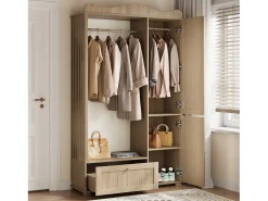 Móvel De Entrada|Merax Guarda-roupa/closet moderno e compacto - 115,5 x 38,5 x 194,5 cm - com espelho + espaço aberto para pendurar roupas + gaveta + 2 portas - MDF - cor natural Natural claro