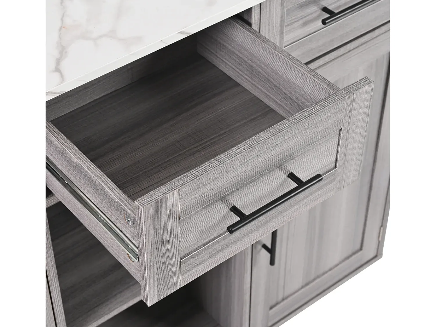 Móvel De Arrumação|ModernLuxe Ilha central de cozinha com 3 gavetas e portas de armazenamento - Tampo extensível - Pés em rodas ou em madeira - Cinza Cinzento