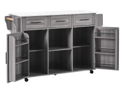 Móvel De Arrumação|ModernLuxe Ilha central de cozinha com 3 gavetas e portas de armazenamento - Tampo extensível - Pés em rodas ou em madeira - Cinza Cinzento