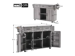 Móvel De Arrumação|ModernLuxe Ilha central de cozinha com 3 gavetas e portas de armazenamento - Tampo extensível - Pés em rodas ou em madeira - Cinza Cinzento