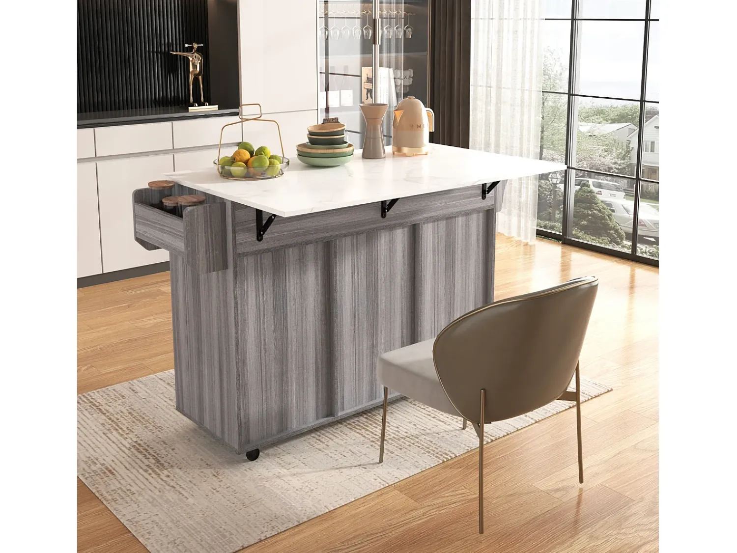 Móvel De Arrumação|ModernLuxe Ilha central de cozinha com 3 gavetas e portas de armazenamento - Tampo extensível - Pés em rodas ou em madeira - Cinza Cinzento