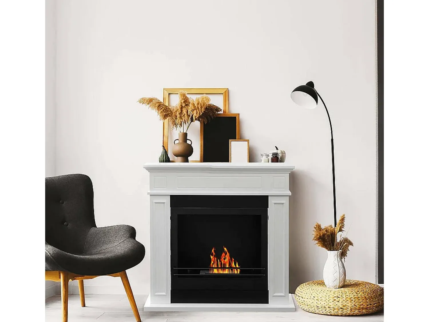 New Dmora Lareira Fuego a bioetanol, Lareira ecológica, Lareira sem fumo, Aquecedor a etanol, Fabricado em Itália, 91x28 h90 cm, Branco