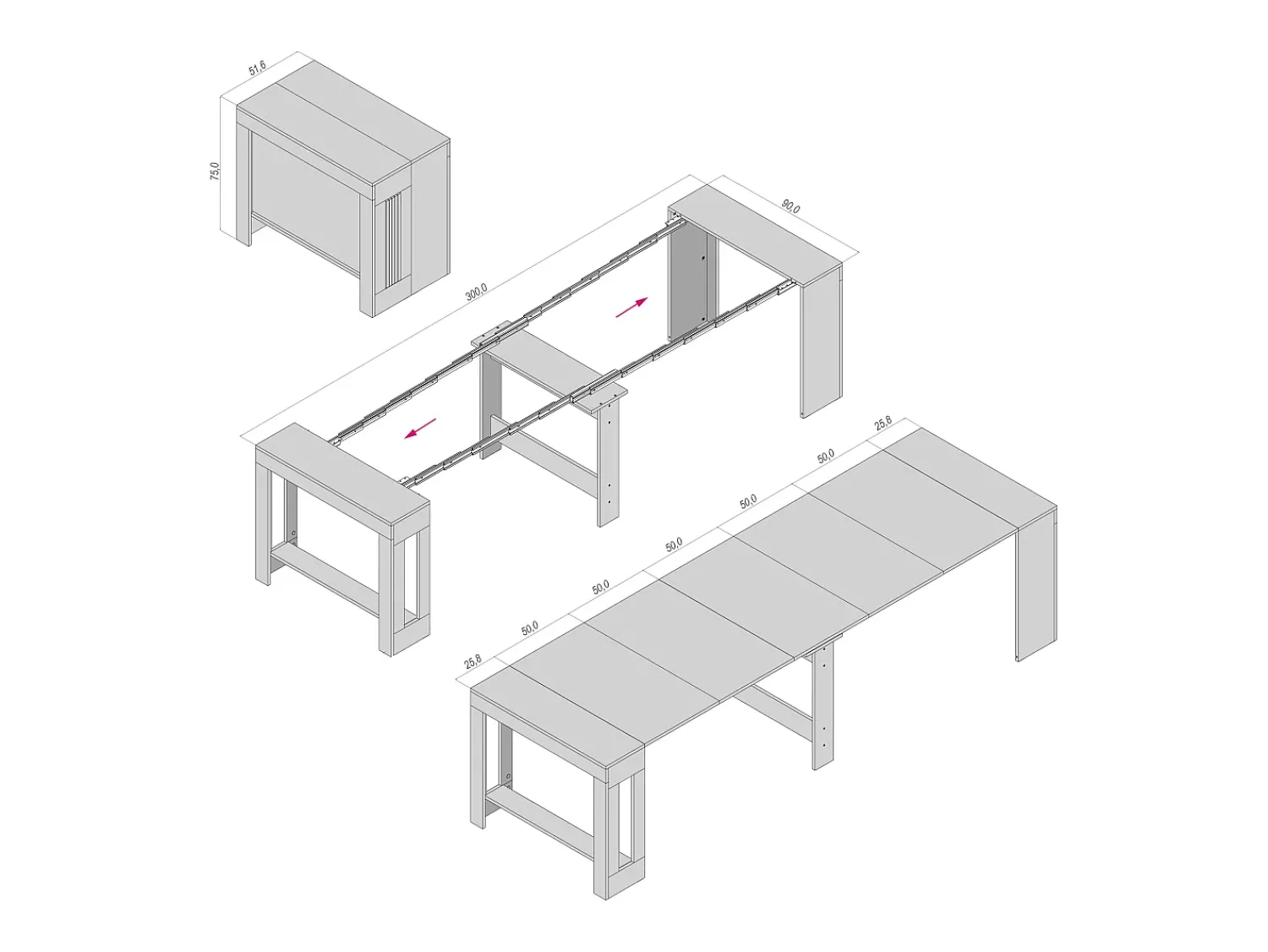 Consola* LAURA - Mesa de consola, 51,6 cm de profundidade / 3 m de comprimento - para 12 pessoas Branco