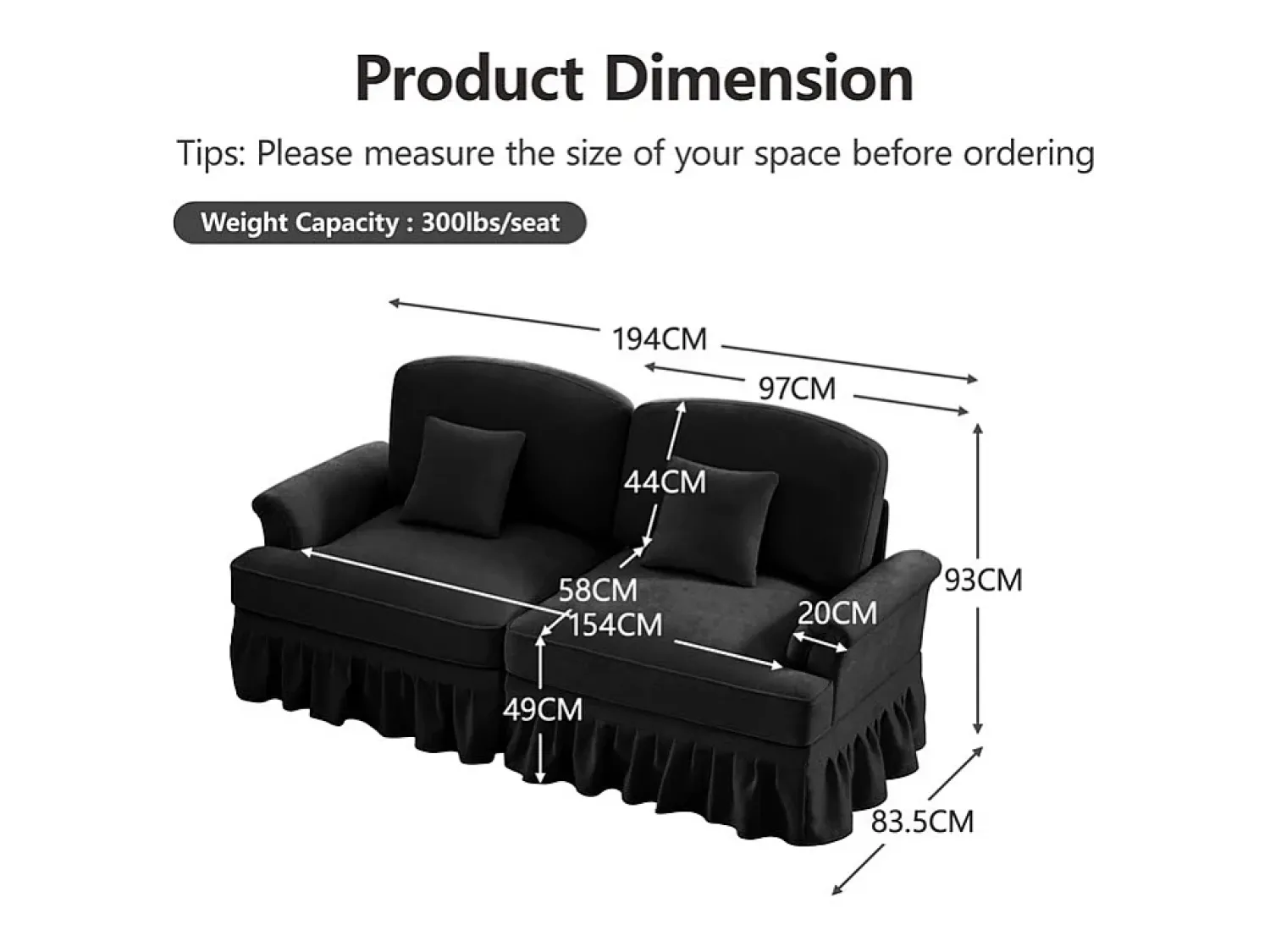 Sofá*DripeX Lote 2 Sofás Chenille 2 Lugares - Capa Removível e 4 Almofadas - 194x83.5x93cm - Preto