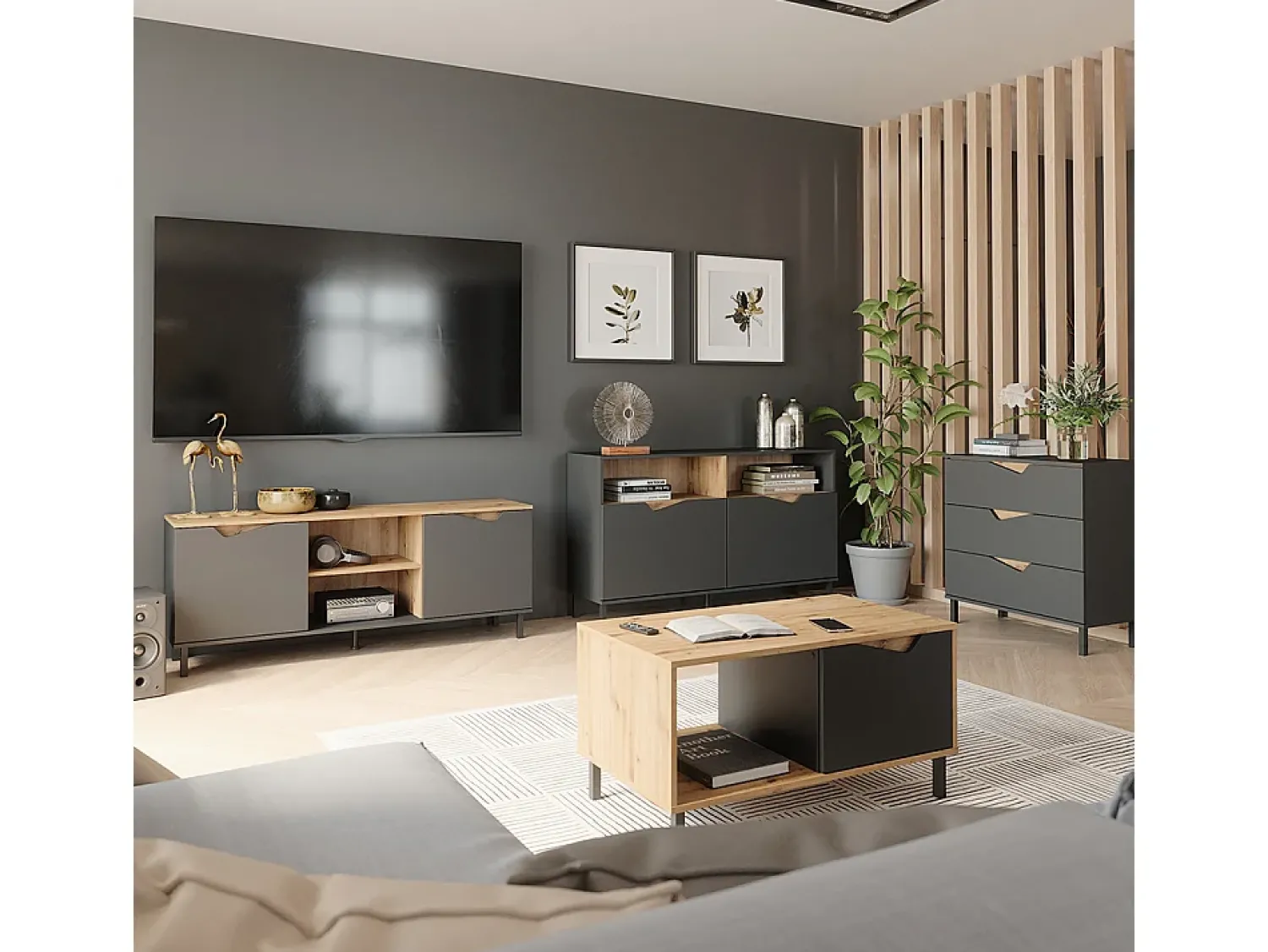 Móvel De Tv|Vicco Lowboard antracite/artesanal 150x38x60 marelle Preto