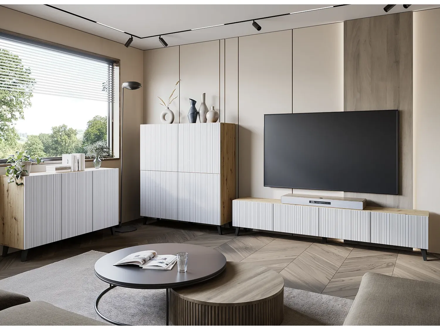 Móvel De Tv| Lowboard moderno 180 cm carvalho artisan com frentes brancas caneladas, 2 gavetas e 2 armários laterais Natural escuro
