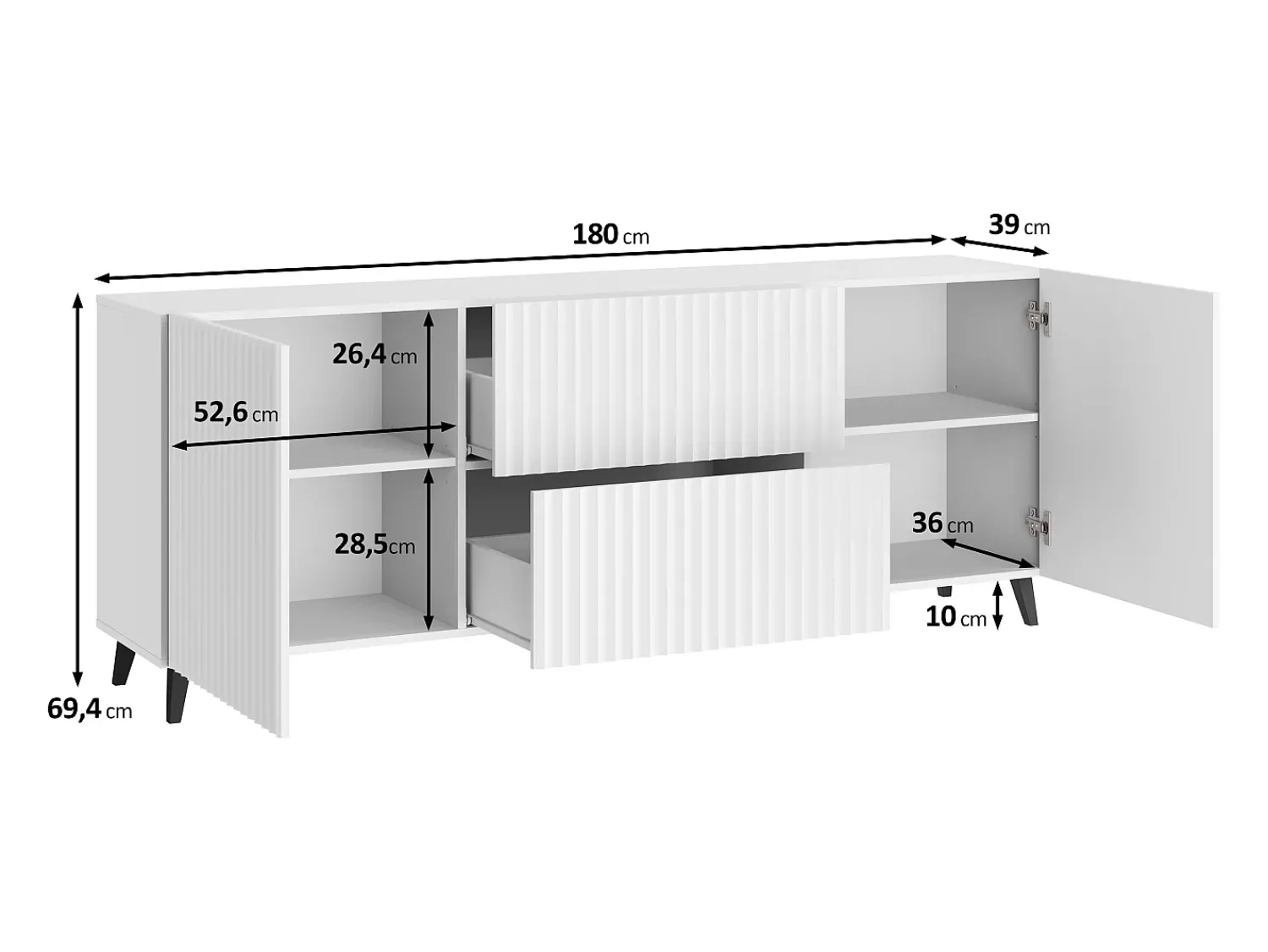 Móvel De Tv| Lowboard moderno 180 cm carvalho artisan com frentes brancas caneladas, 2 gavetas e 2 armários laterais Natural escuro