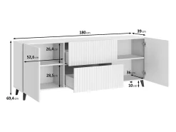 Móvel De Tv| Lowboard moderno 180 cm grafite / carvalho Wotan, com pés, frentes em espinha de peixe preta, 2 gavetas e 2 armários laterais Preto