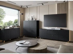 Móvel De Tv* Lowboard moderno 180 cm com frentes em losangos, puxadores dourados e pés dourados Preto