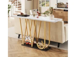 Consola*Hauss Spole Mesa consola com pés em metal dourado - Tampo com efeito mármore 120 x 29,5 x 80 cm Branco