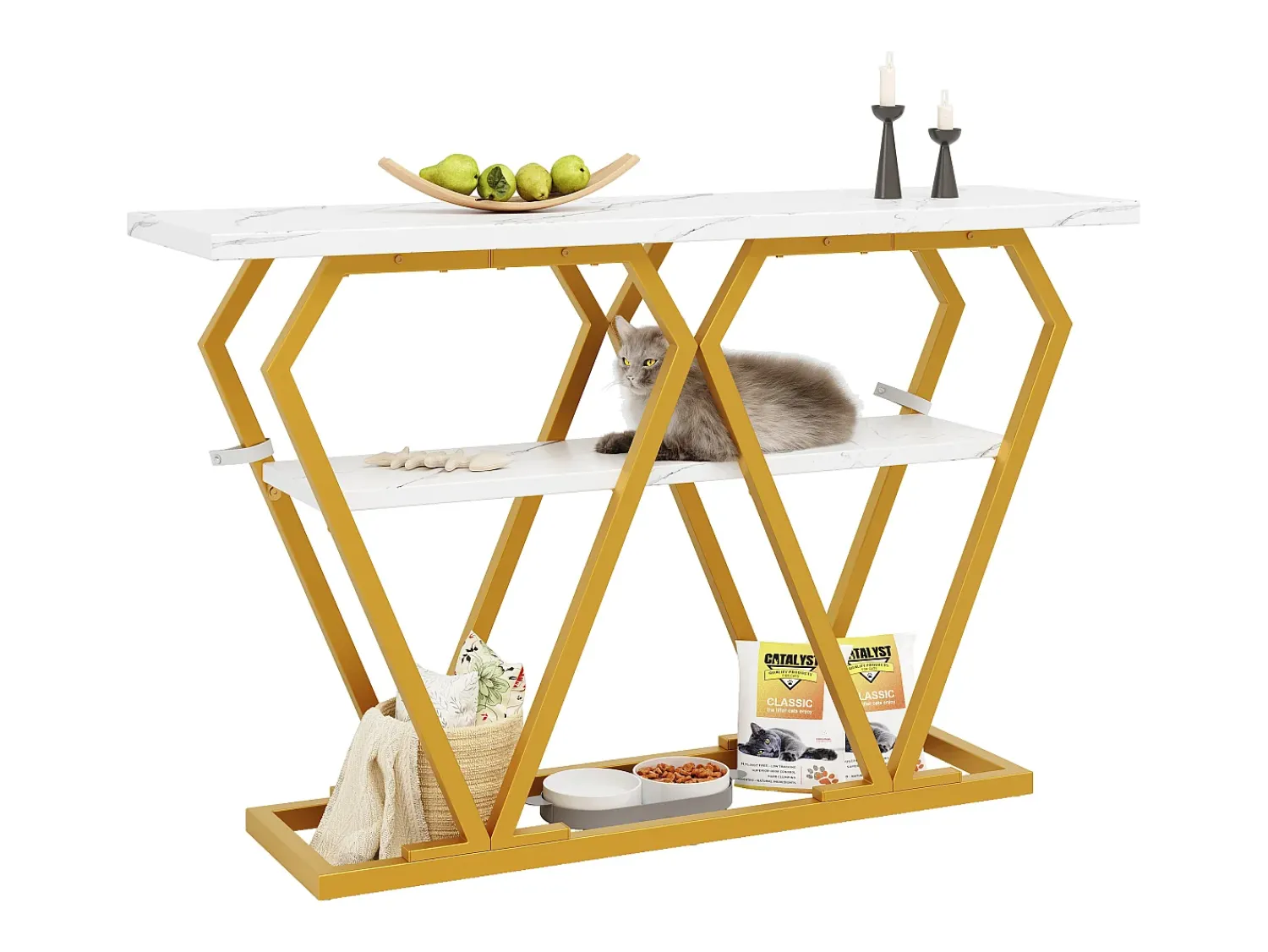 Hauss Spole Mesa consola com tampo com efeito mármore - Pés em metal dourado -^ Consola