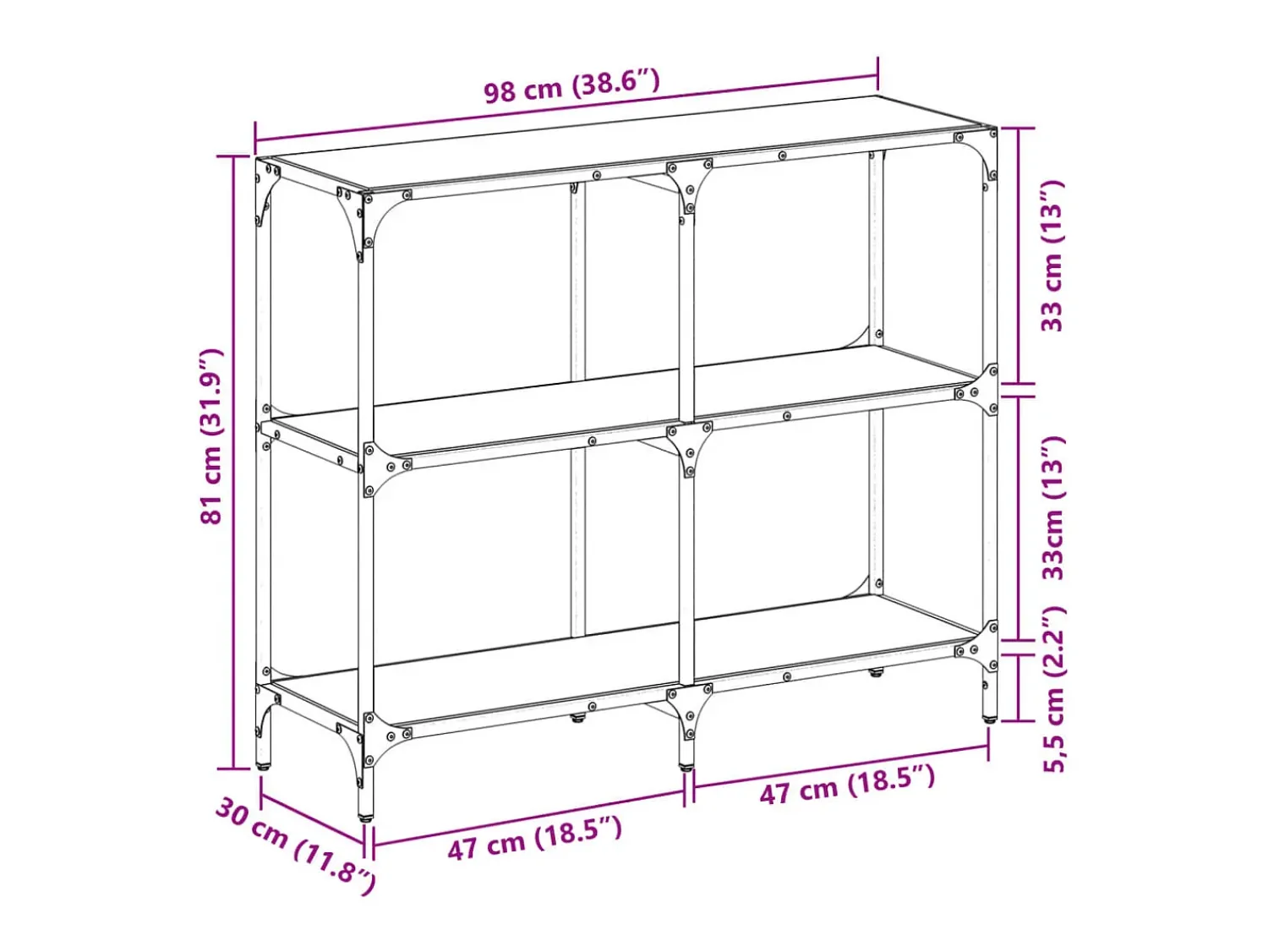 vidaxl Mesa consola com tampo em vidro 98x30x81 cm aço^ Consola