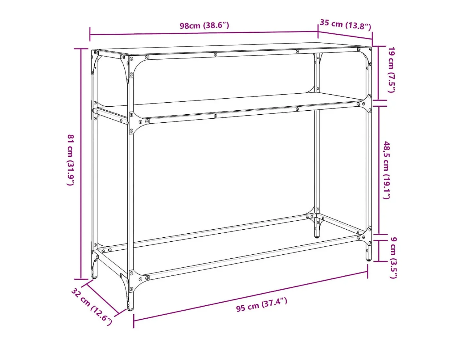 Outlet vidaxl Mesa consola com tampo em vidro 98x35x81 cm aço Transparente