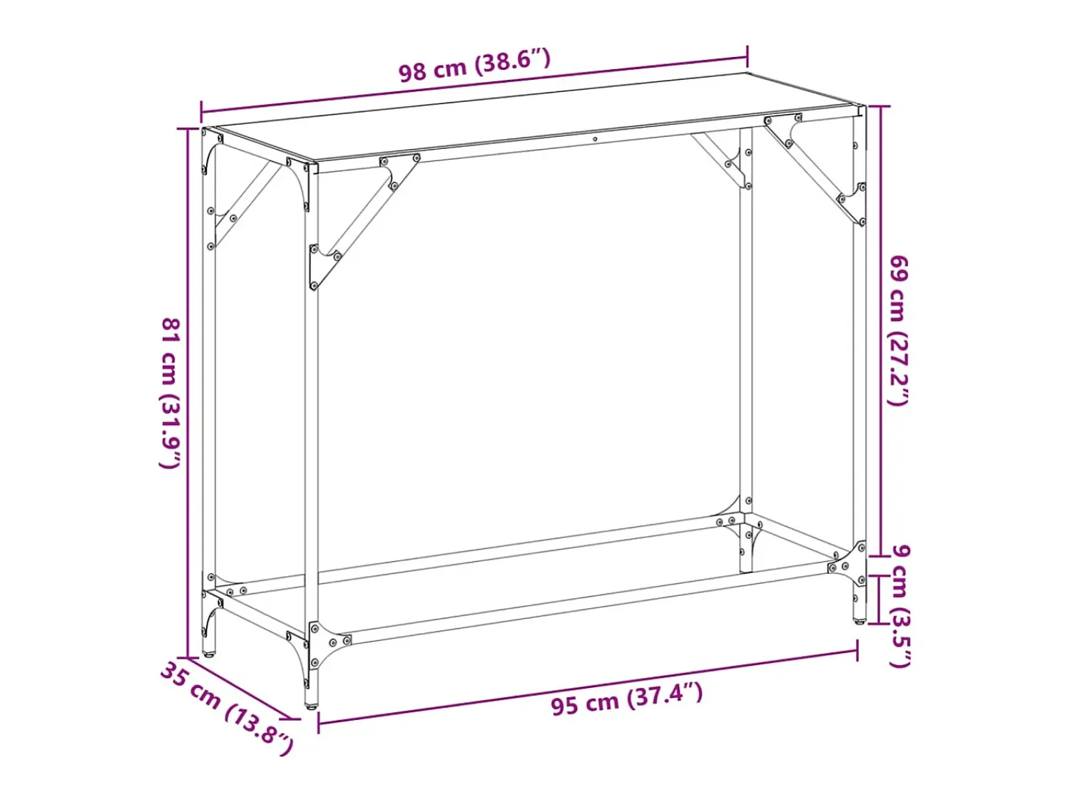 Clearance vidaxl Mesa consola com tampo em vidro 98x35x81 cm aço Transparente