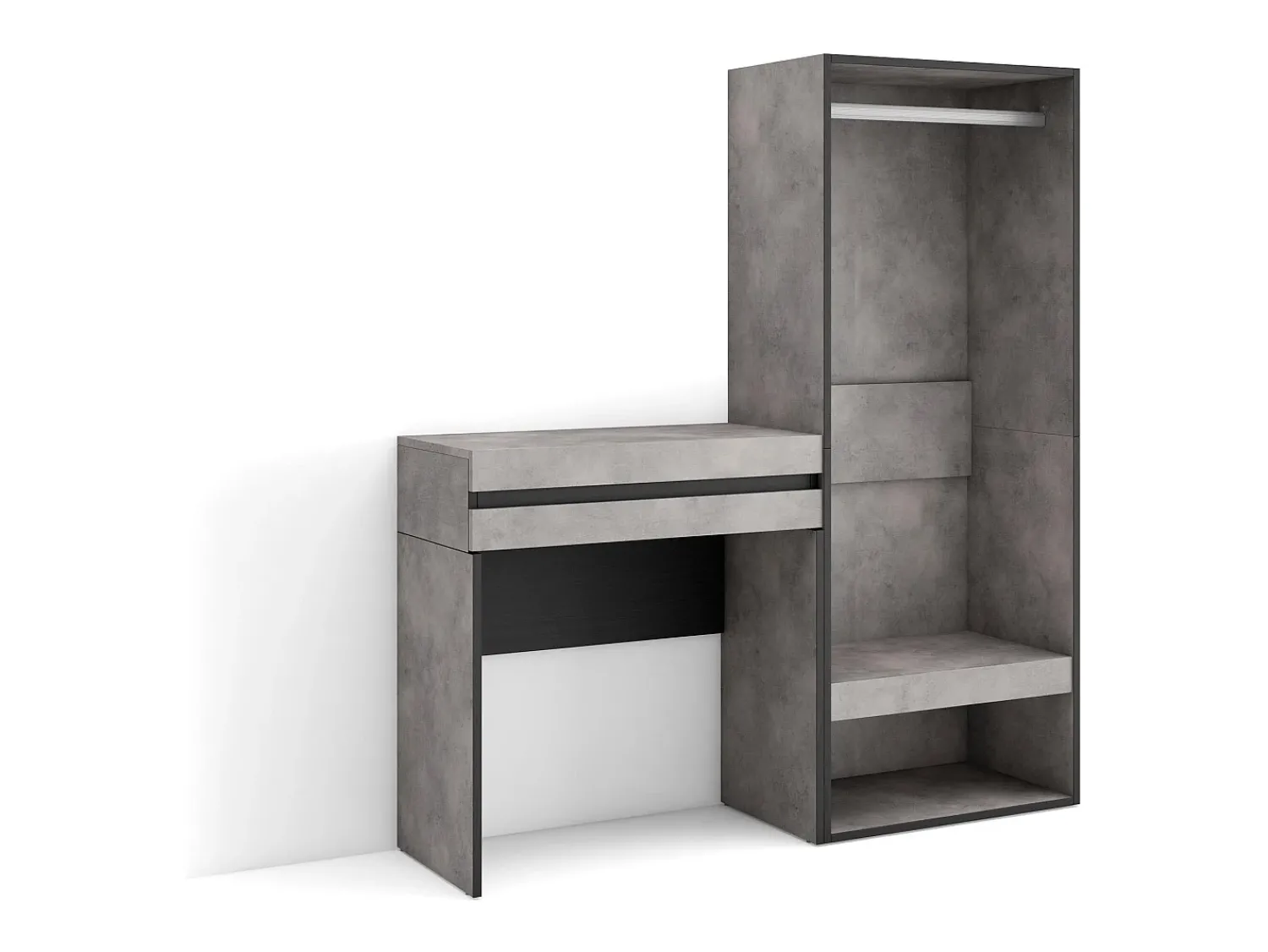 Consola*Skraut Home Mesa consola de entrada, 130x35x145cm, Com gaveta, Roupeiro aberto, Cimento Cinzento