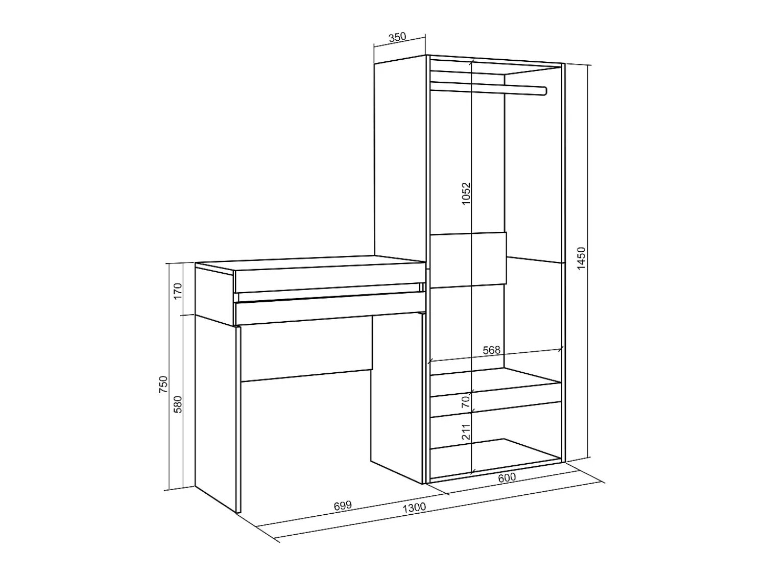 Consola*Skraut Home Mesa consola de entrada, 130x35x145cm, Com gaveta, Roupeiro aberto, Cimento Cinzento