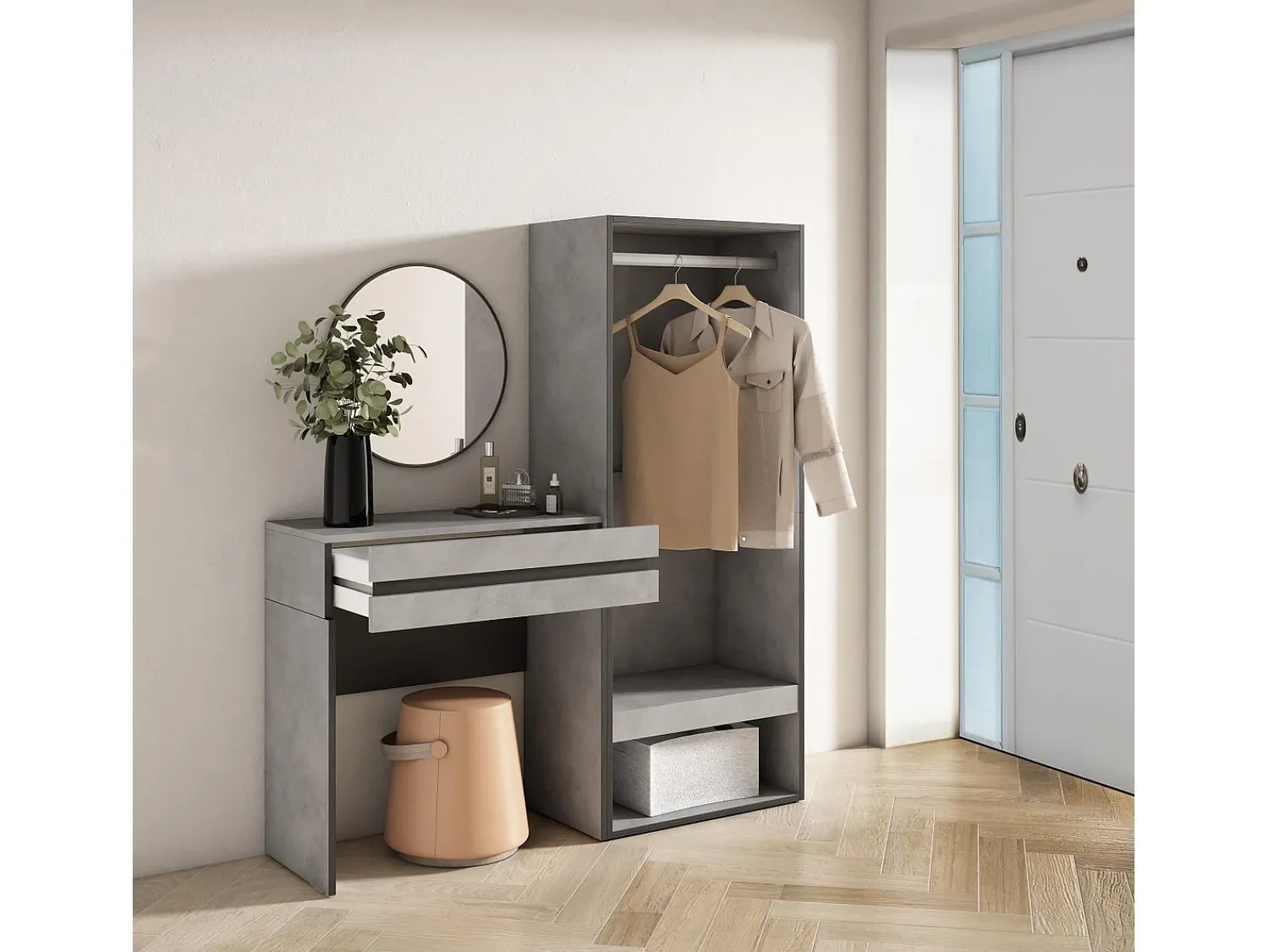 Consola*Skraut Home Mesa consola de entrada, 130x35x145cm, Com gaveta, Roupeiro aberto, Cimento Cinzento