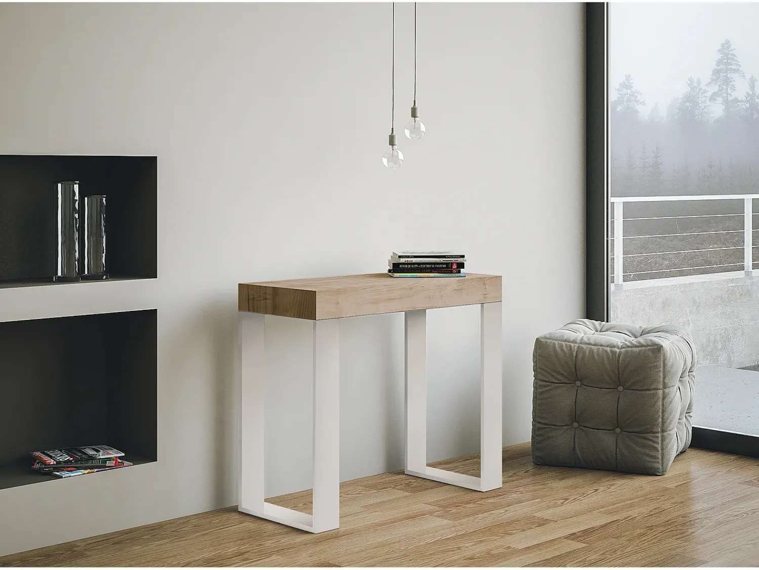 ITAMOBY Mesa consola extensível 90x40/196 cm Tecno Small Carvalho Natural quadro Branco^ Consola