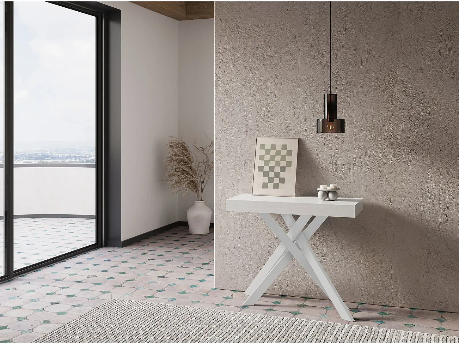 Ityhome Mesa consola extensível 90x40/196 cm Krack Small cinza branca pernas brancas Branco