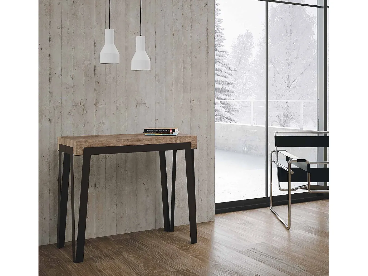Consola|ITAMOBY Mesa consola extensível 90x40/196 cm Rio Small Carvalho Natural quadro Ferrugem Cinza antracite / Castanho