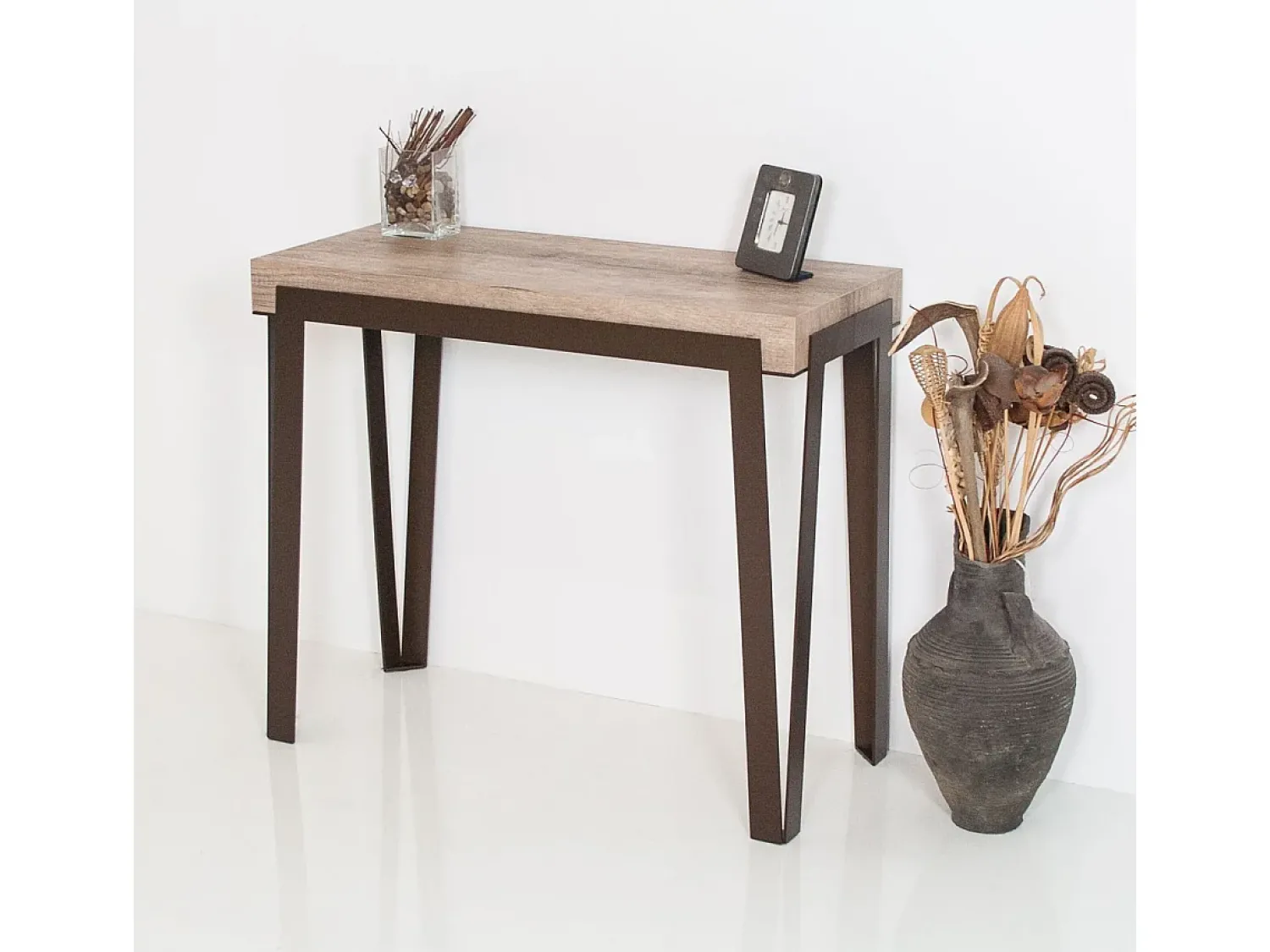 Consola|ITAMOBY Mesa consola extensível 90x40/196 cm Rio Small Carvalho Natural quadro Ferrugem Cinza antracite / Castanho
