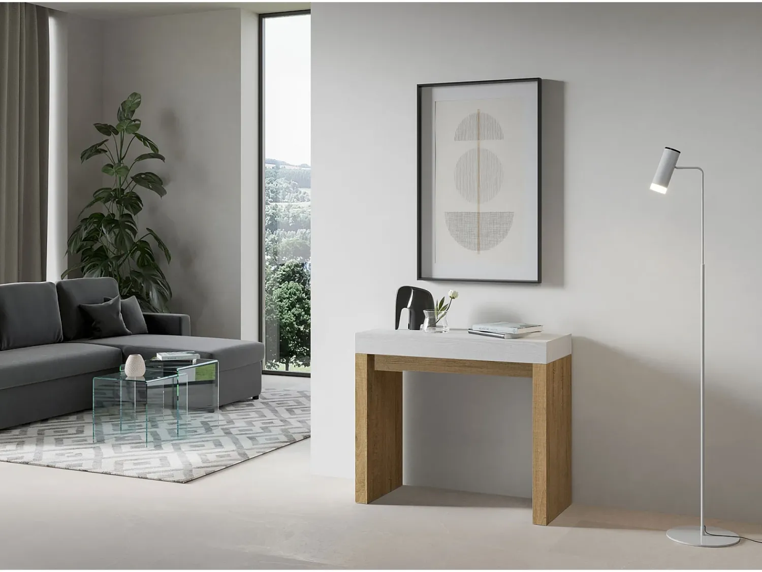 Outlet ITAMOBY Mesa consola extensível 90x40/300 cm Roxell Mix plano Cinza Branca - estrutura Carvalho Natural Natural claro / Branco