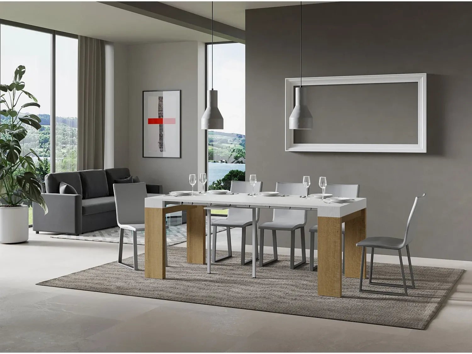 Outlet ITAMOBY Mesa consola extensível 90x40/300 cm Roxell Mix plano Cinza Branca - estrutura Carvalho Natural Natural claro / Branco