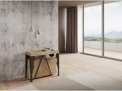 Consola|Ityhome Mesa consola extensível 90x40/300 cm Riza carvalho natural quadro antracite Castanho